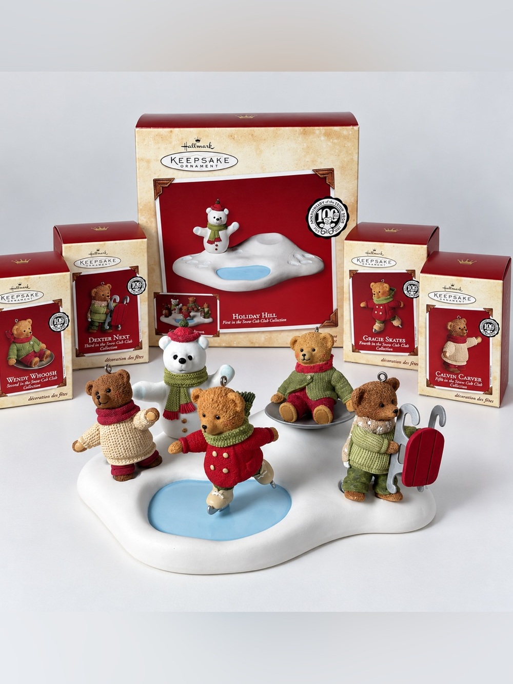 Hallmark Keepsake Christmas Ornament Hollyday Hill Set Complete All 5 Piece 2002
